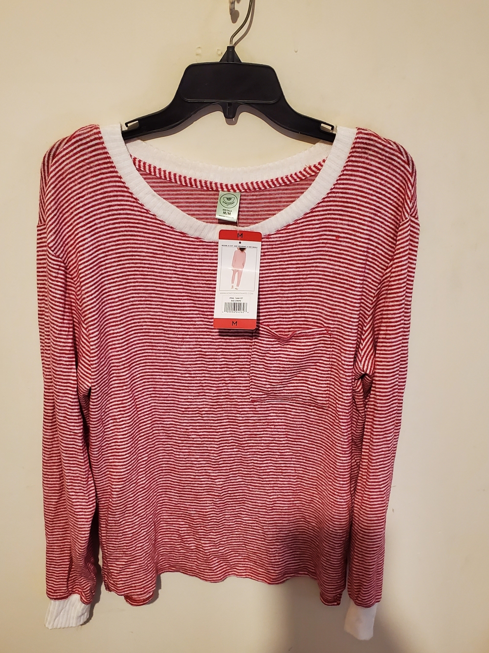 Red & White Striped Long Sleeve Pocket Tee Size M